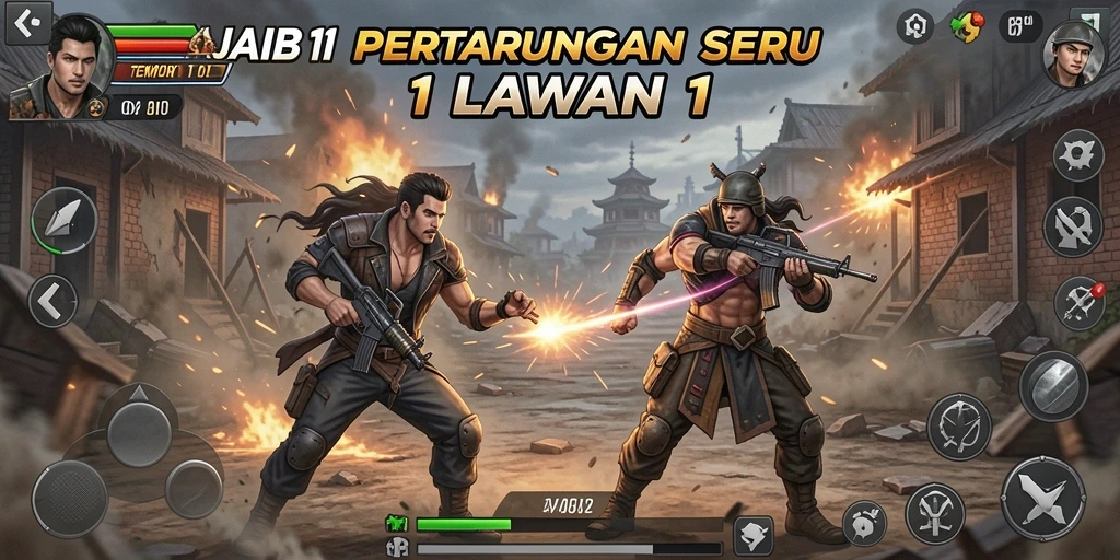 Tampilan antarmuka pertarungan seru AJAIB11 dengan karakter khas 1 lawan 1.